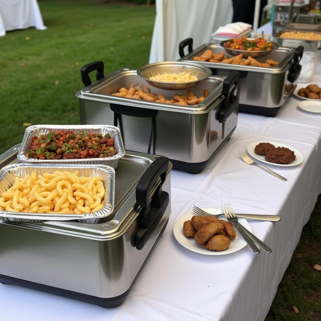 A catering event with portable food warmers