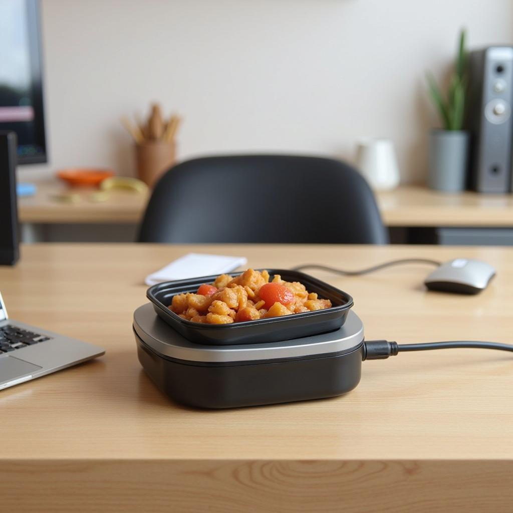 Portable food warmer with lunchbox on a desk