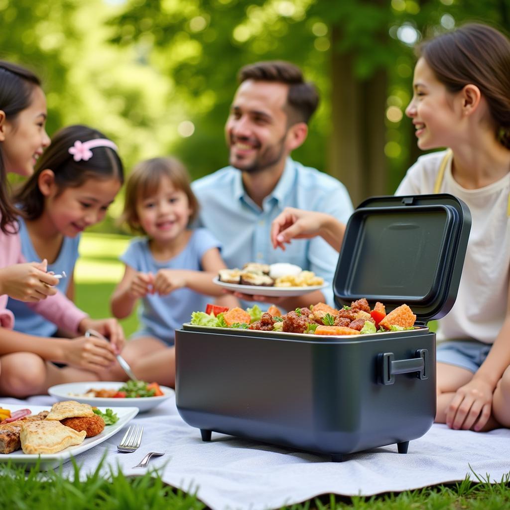 Portable heated food box for outdoor picnic