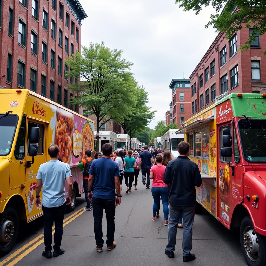 Vibrant food trucks lined up in Portland, Maine