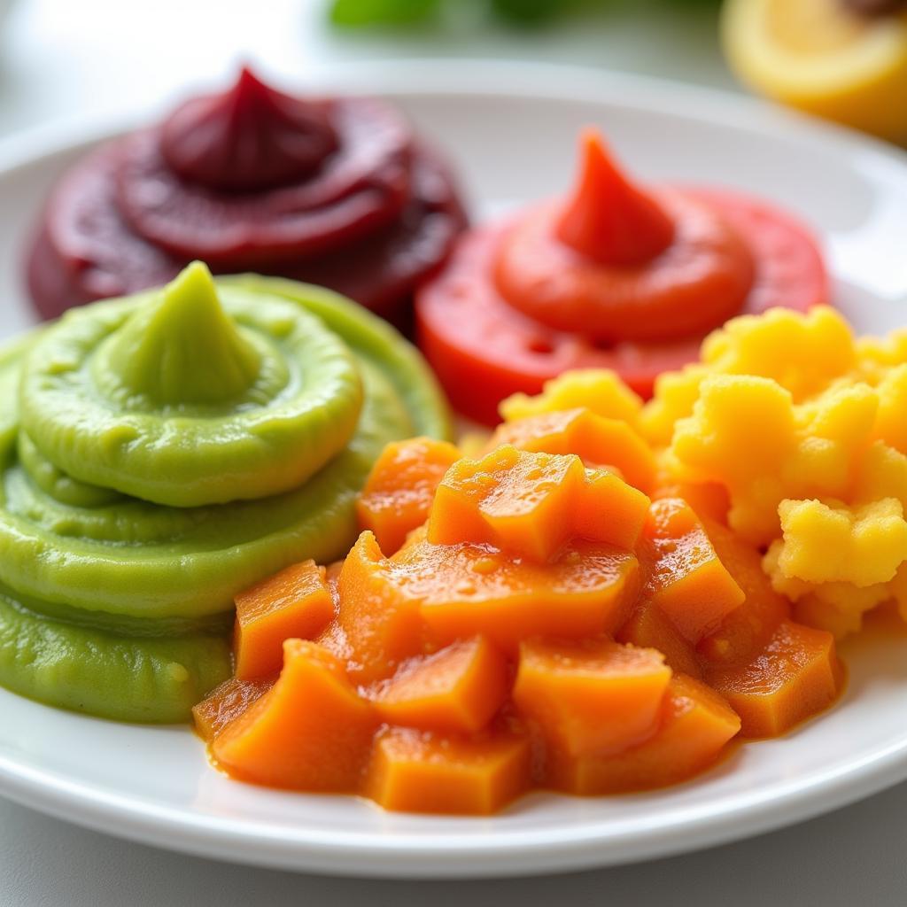 Plate of colorful pureed food for bariatric patients