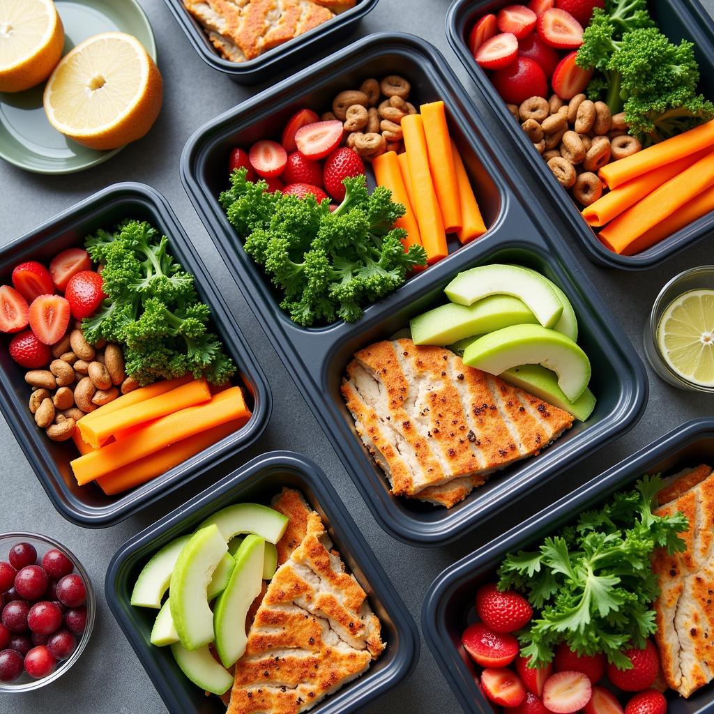 Meal prep containers filled with colorful, nutrient-rich foods