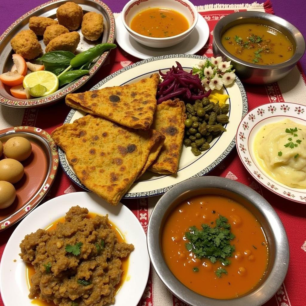 A table laden with a variety of colorful and aromatic Indian dishes traditionally served after childbirth.