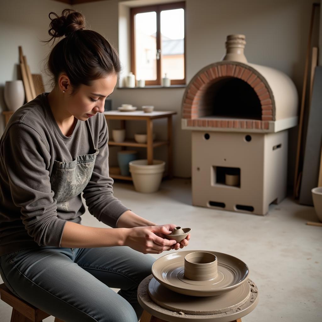 Pottery Studio with a Kiln in the Background