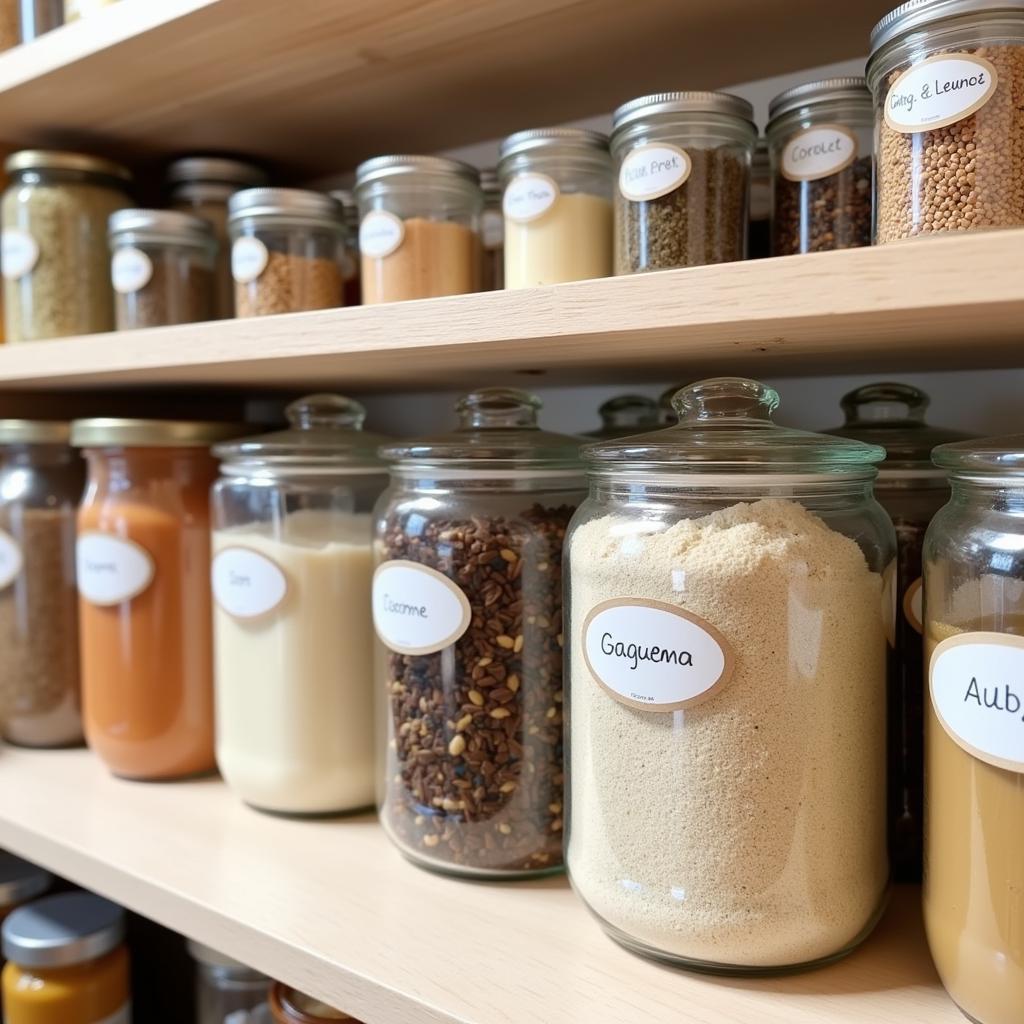 Pantry organization with labeled jars of various powder food items