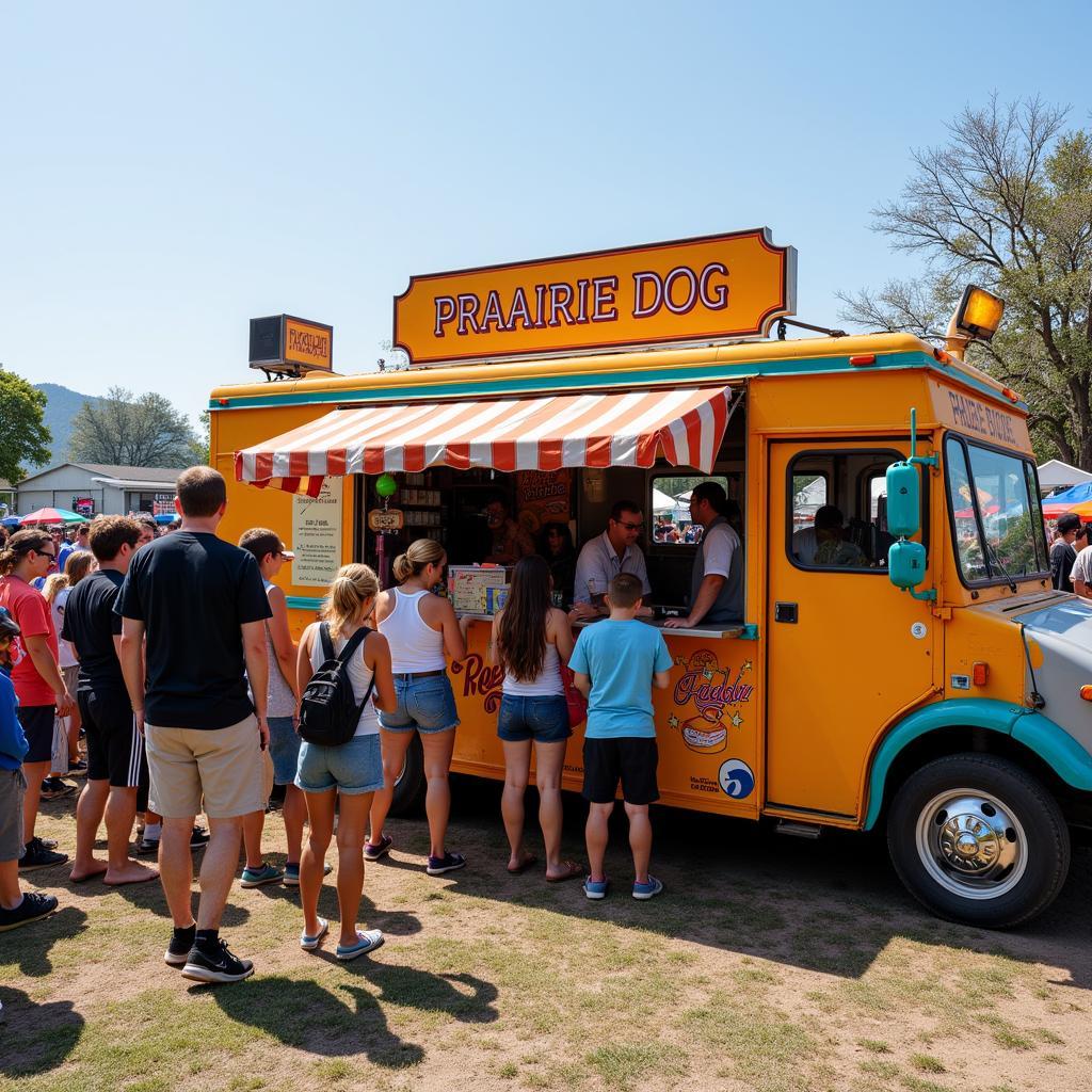 Prairie dog food truck serving customers at a bustling food festival