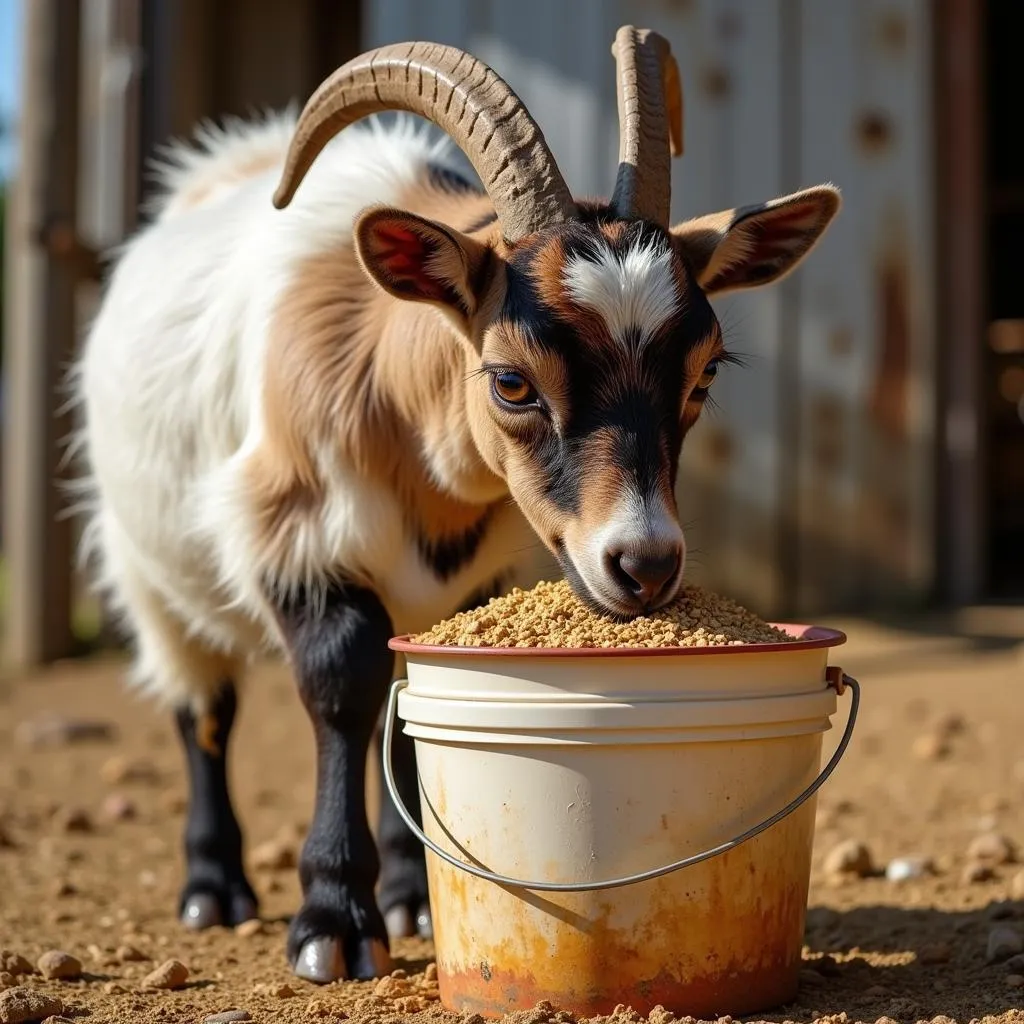 Pregnant goat enjoying supplemental feed