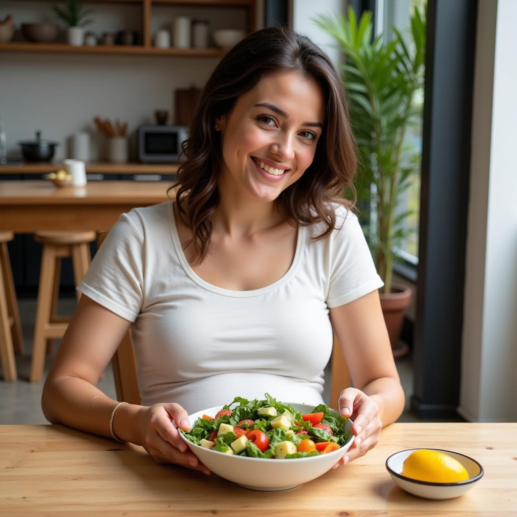 Pregnant woman enjoying a healthy salad