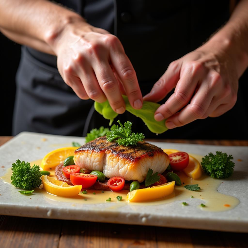 Expertly Preparing a Fresh Tropical Fish Seafood Dish