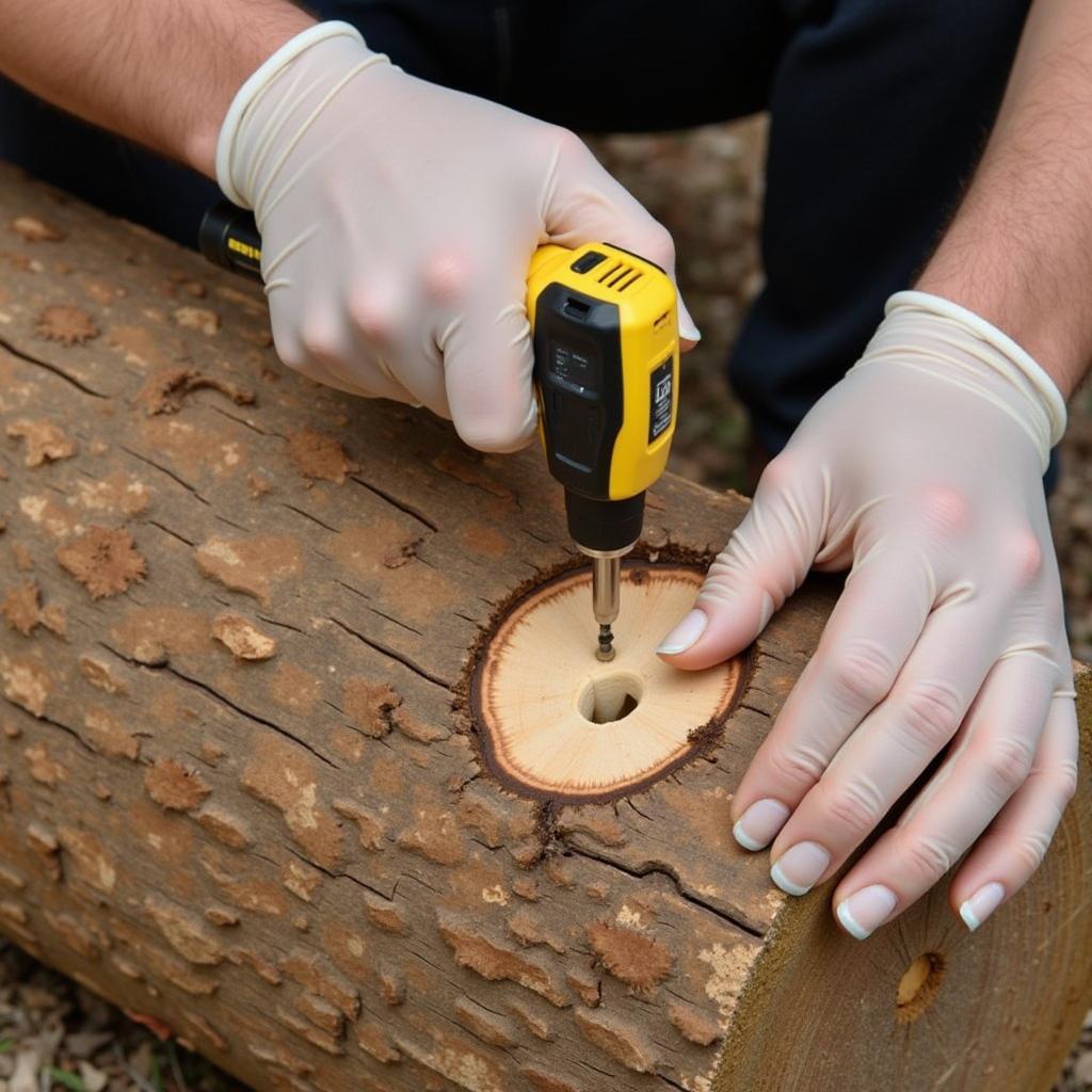 Preparing Log for Mushroom Cultivation in Deer Food Plot