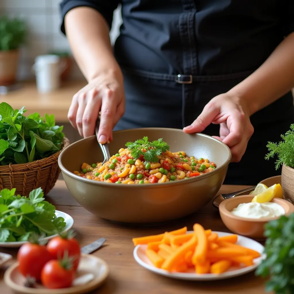 A person chopping vegetables and preparing a meal with fresh, colorful ingredients in a kitchen