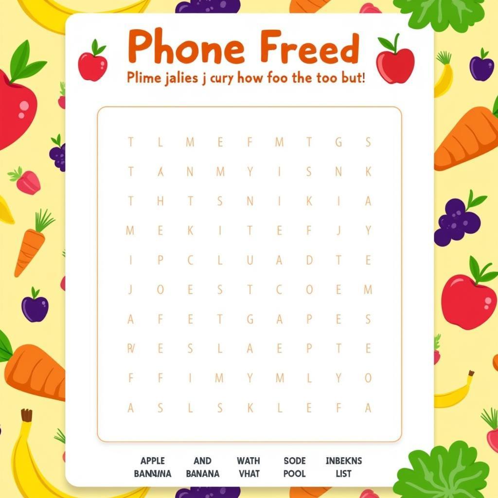 Printable food word searches for kids featuring colorful fruits and vegetables.