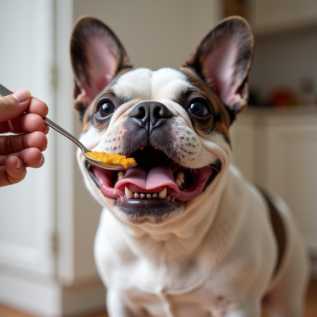 French Bulldog being given a probiotic supplement for digestive health