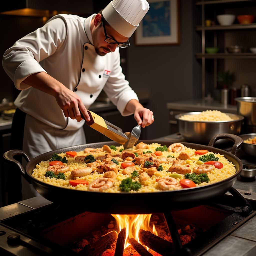 Professional Chef Preparing Giant Paella