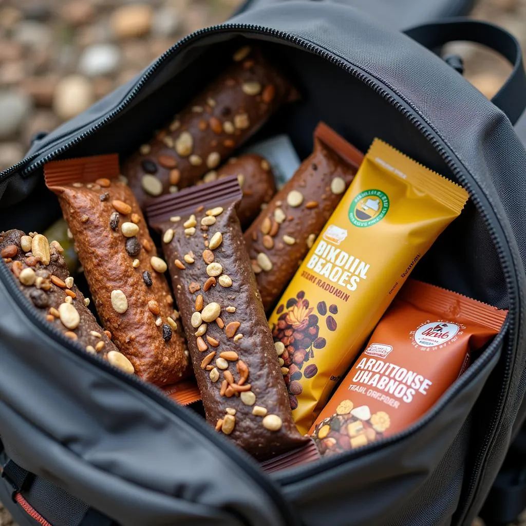 Protein bars and trail mix in a backpack