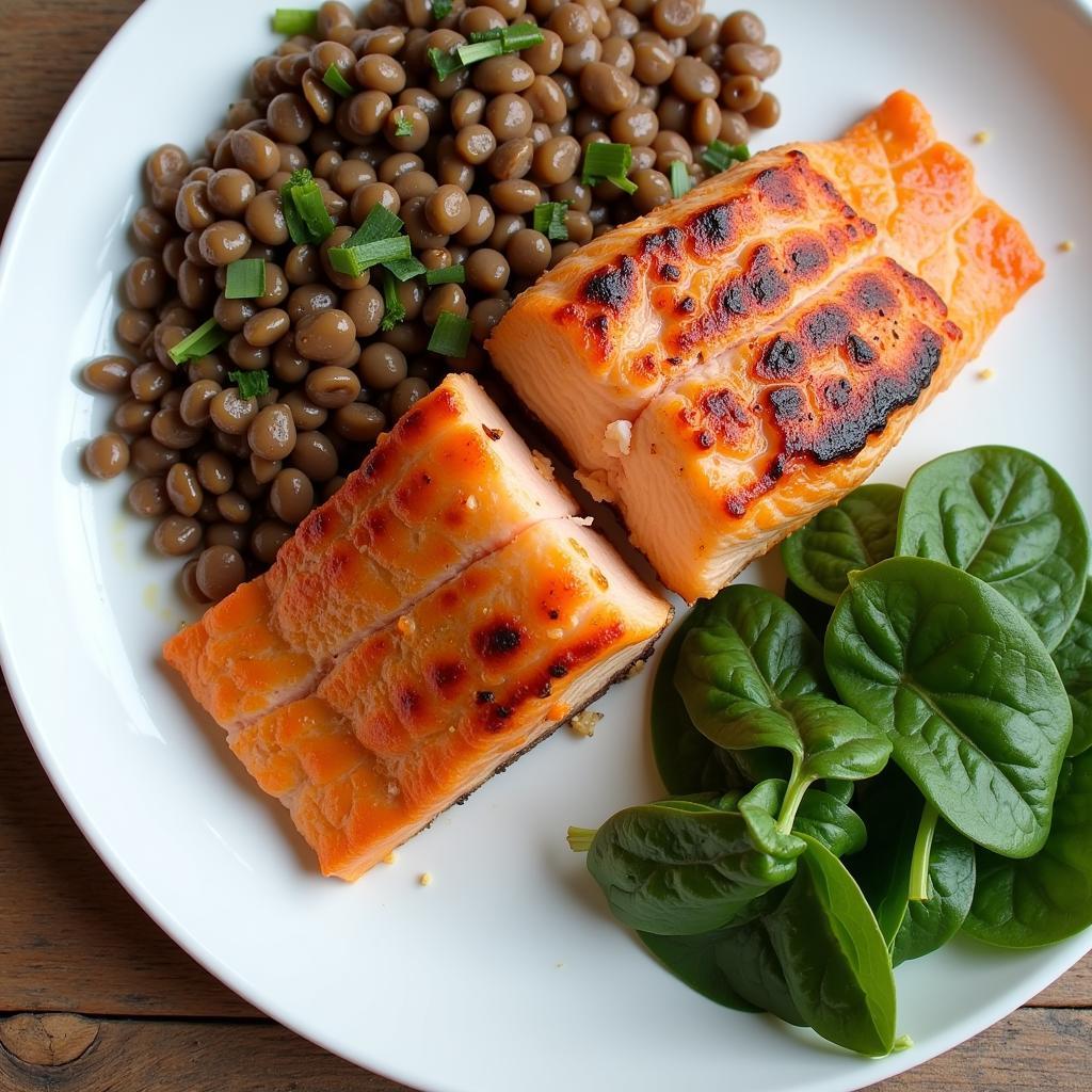  A plate of grilled salmon with a side of lentils and spinach.