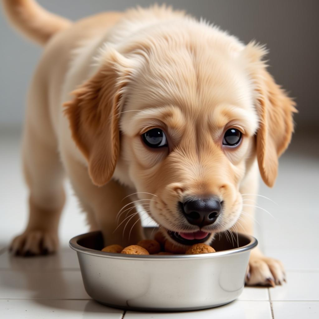 Happy puppy eating Applaws food from a bowl