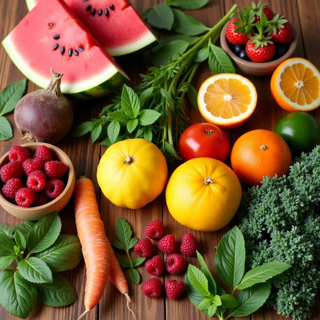 Colorful array of fresh fruits, vegetables, and herbs used in pure food and juice recipes.