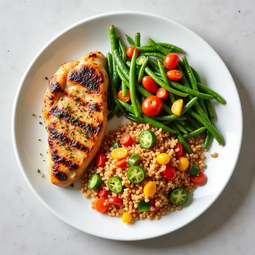 A delicious and healthy pure food meal with grilled chicken breast, quinoa salad, and steamed vegetables.