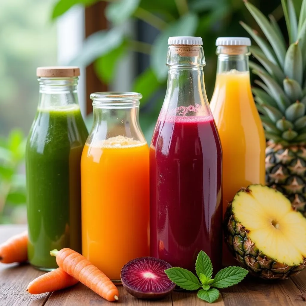 A selection of colorful and healthy pure juices made with different fruits and vegetables.