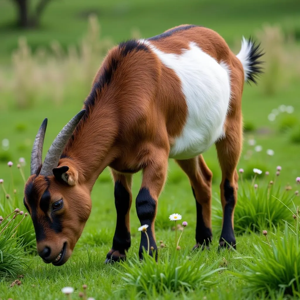 Pygmy goat grazing on green pasture