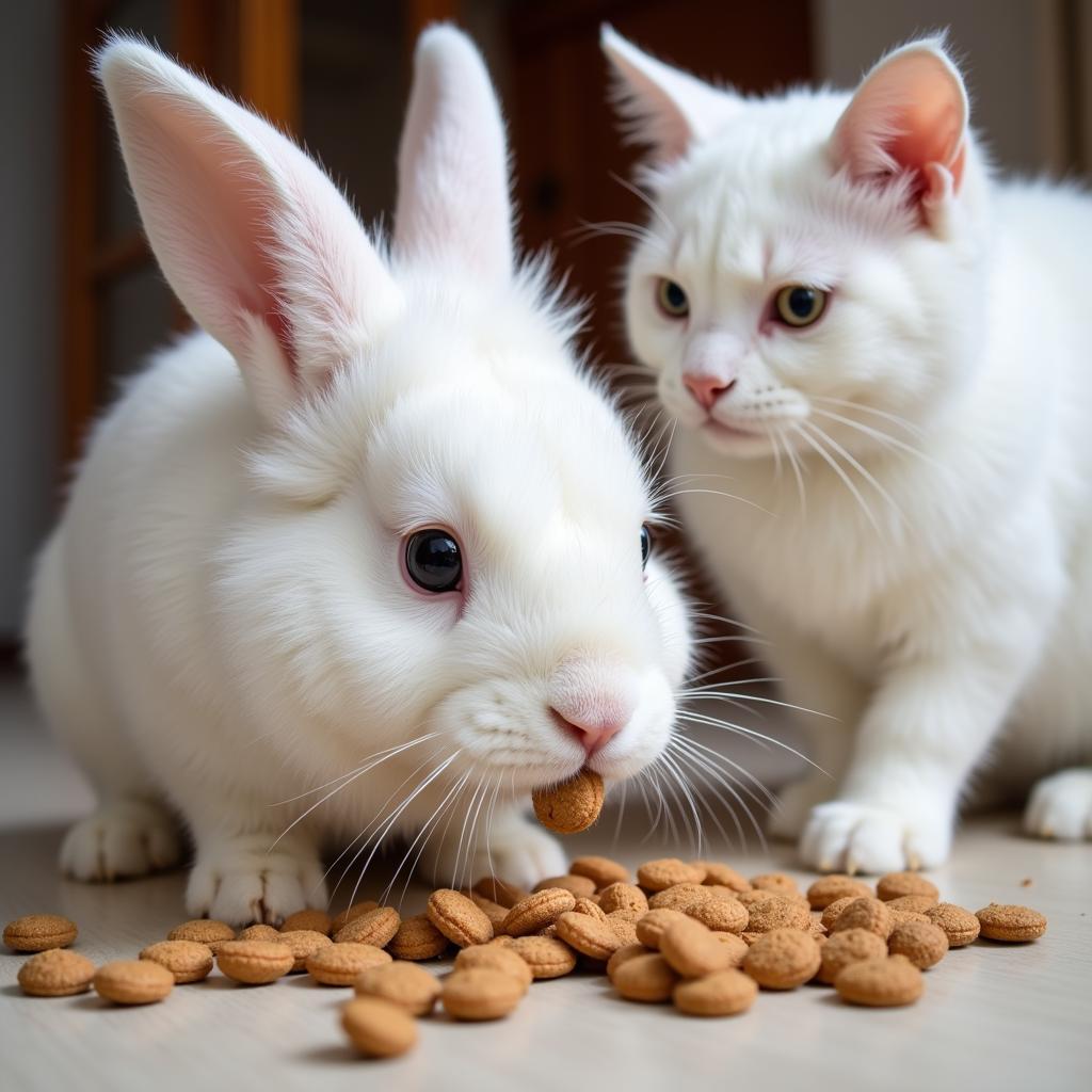 Rabbit Nibbling Cat Food