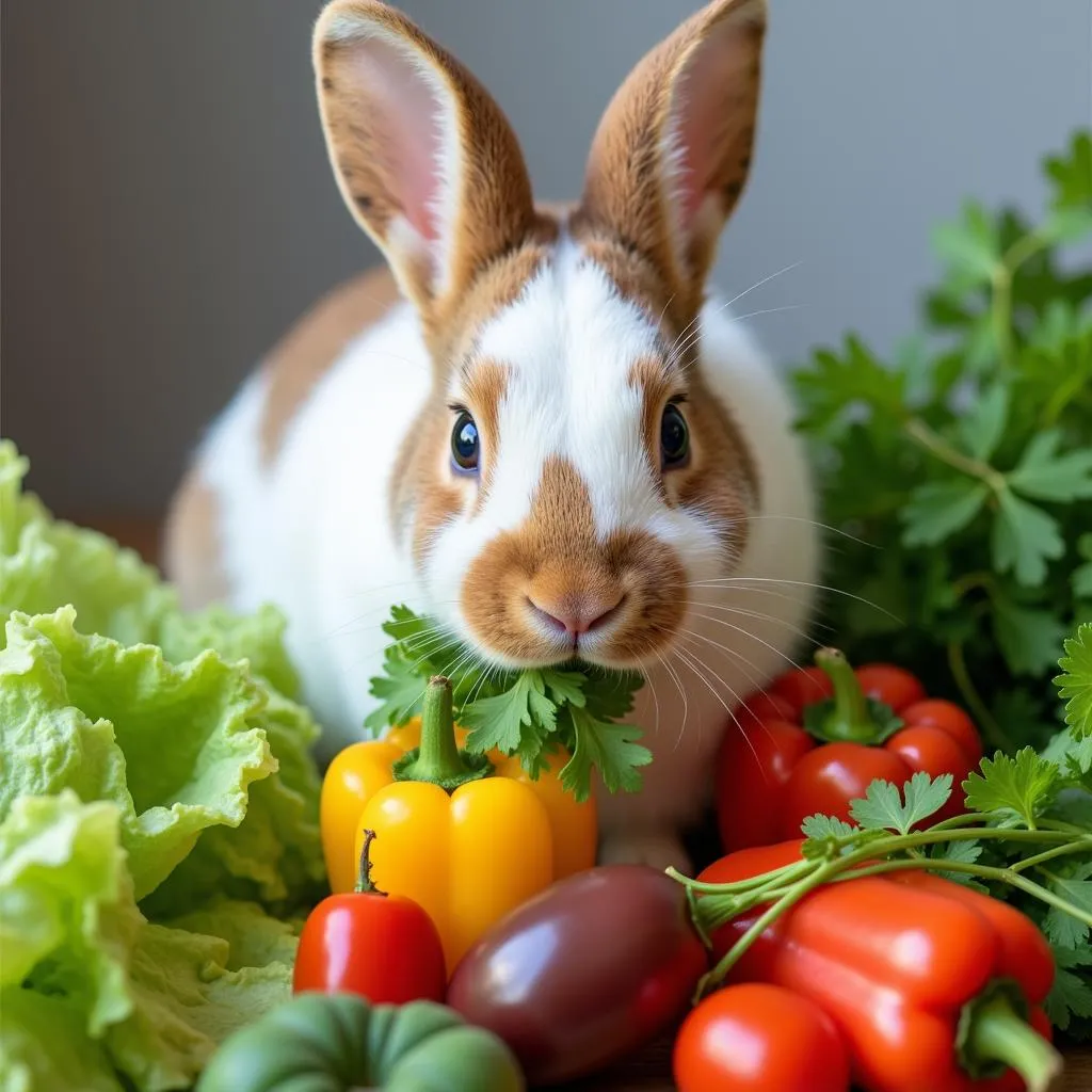 A Rabbit Enjoying a Variety of Fresh Vegetables