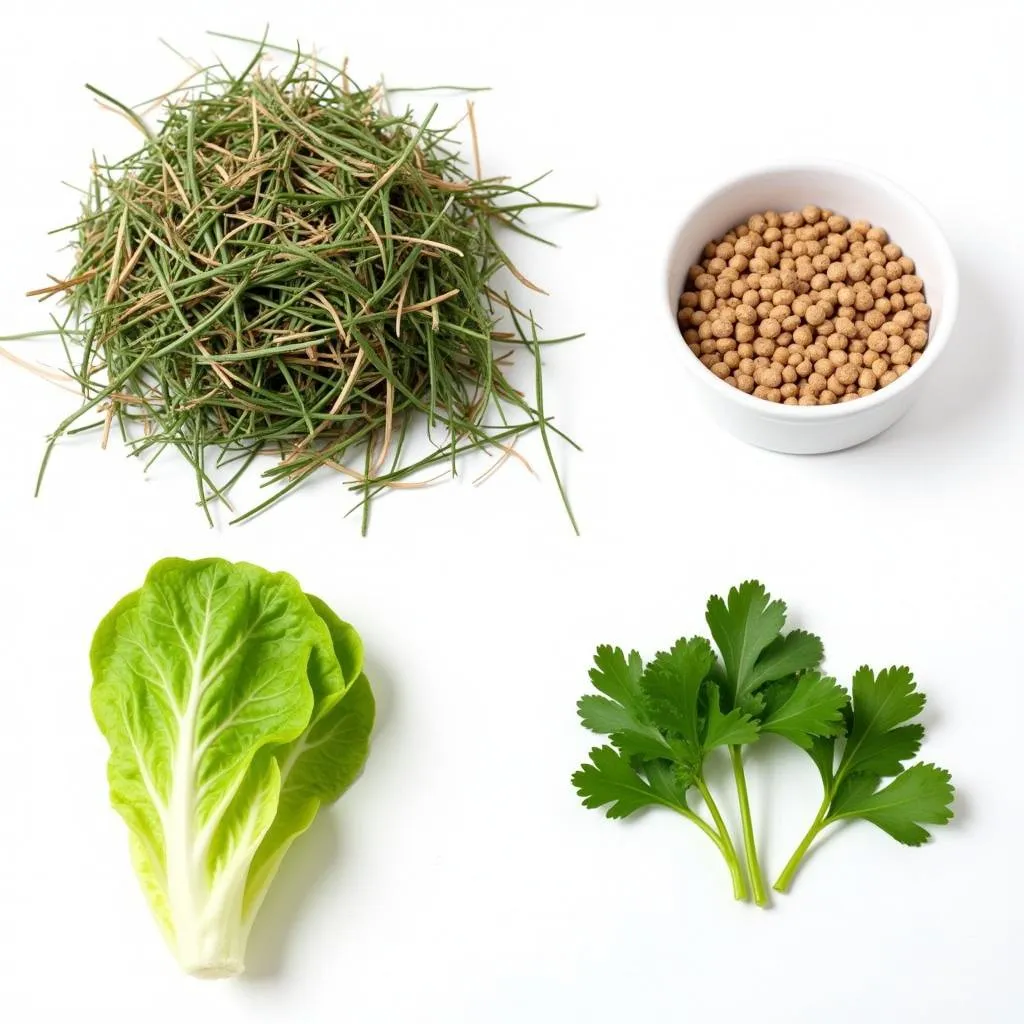 Variety of rabbit food - hay, pellets, fresh vegetables