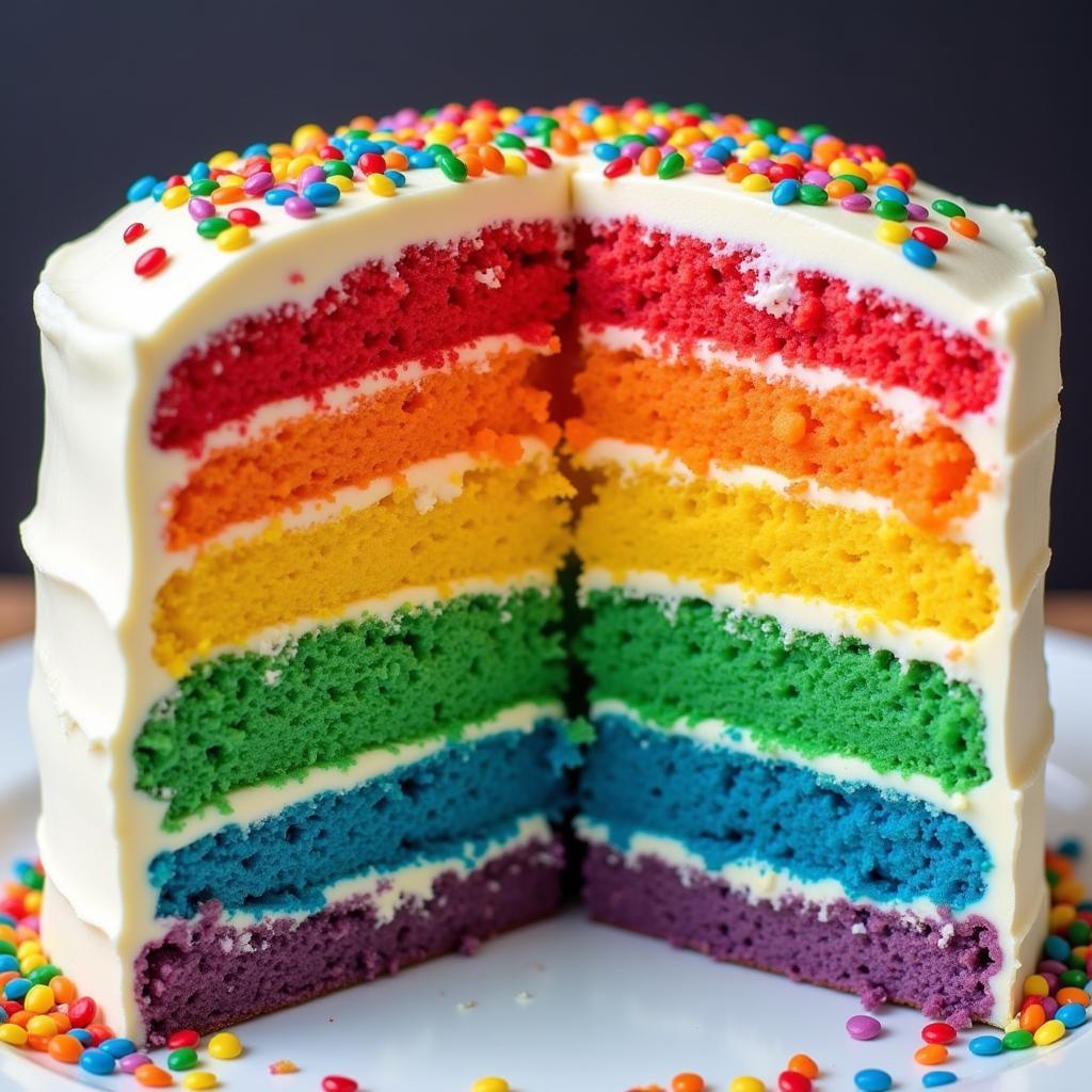 Rainbow Layer Cake Made with Rainbow Food Colouring