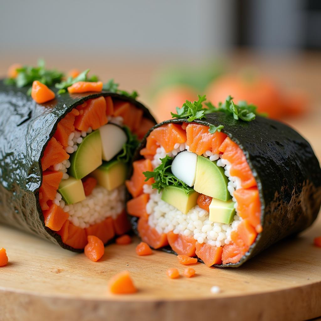 Rainbow Sushi Burrito - A colorful fusion dish combining elements of sushi and burrito.