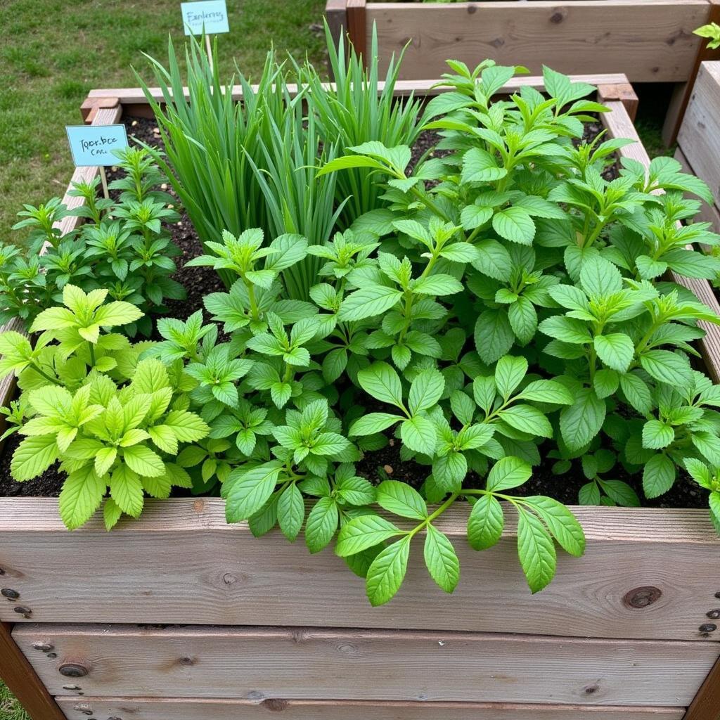 A thriving raised garden bed with assorted herbs