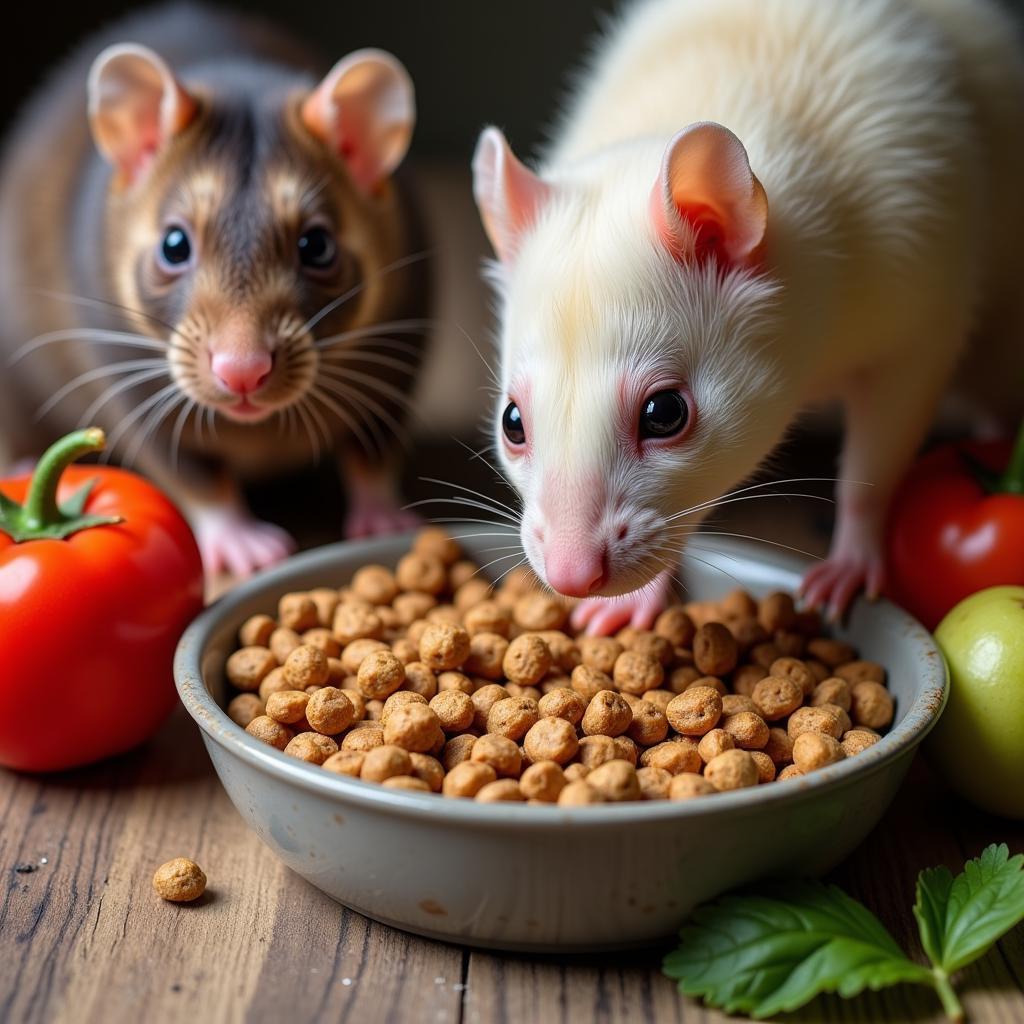 Rat and Ferret Enjoying Their Meals