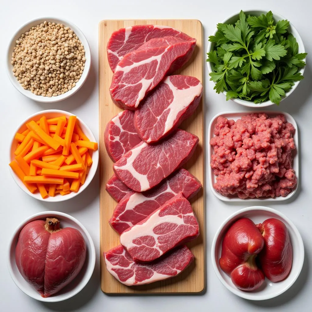 Assortment of raw dog food ingredients, including organ meat