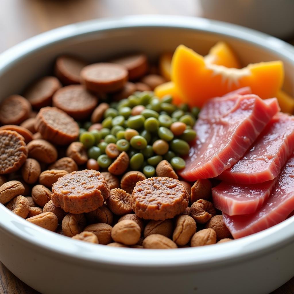 Bowl of rawternative dog food with fresh ingredients