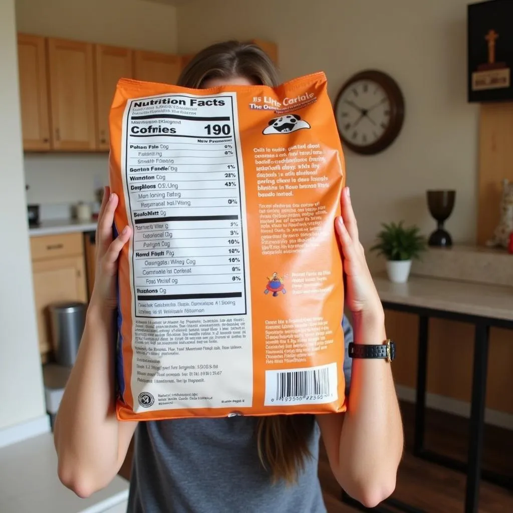 Dog owner examining dog food label