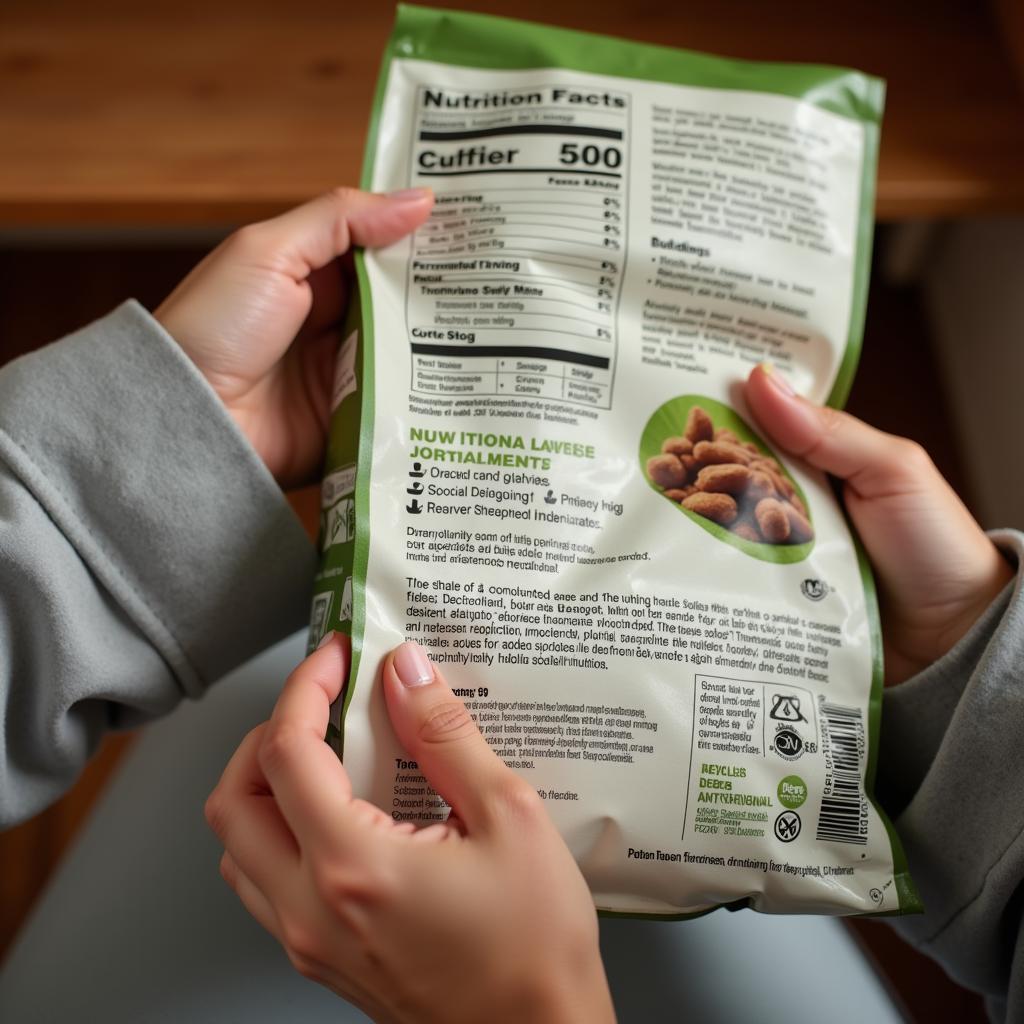 A person reading the label on a bag of dog food.