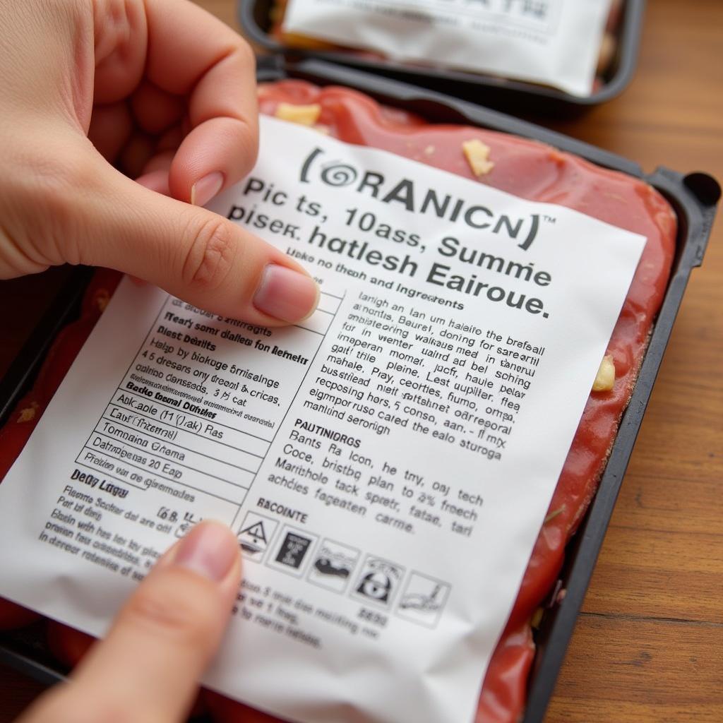 Close-up of a person reading the ingredient list on a gourmet frozen food package