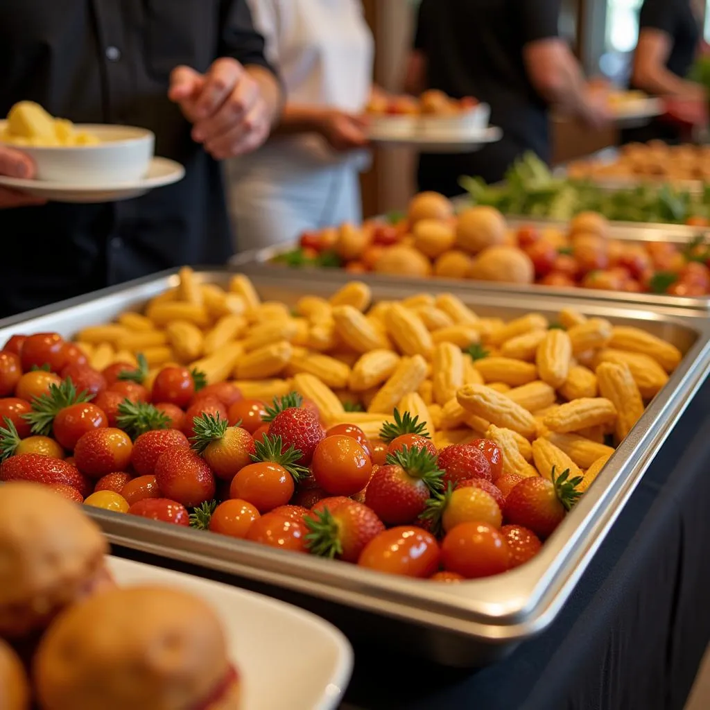 A rectangular cold tray overflowing with party snacks on a buffet table