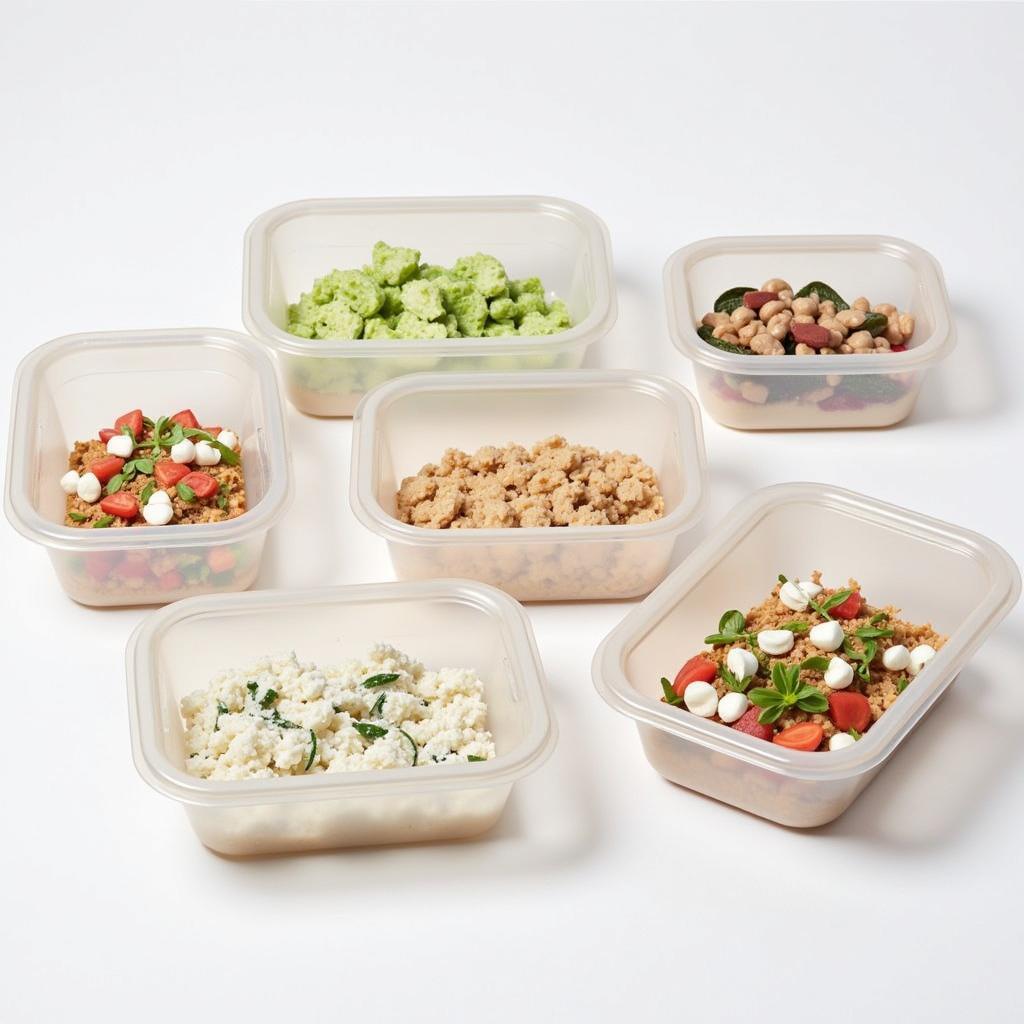 Rectangular food containers in various sizes.