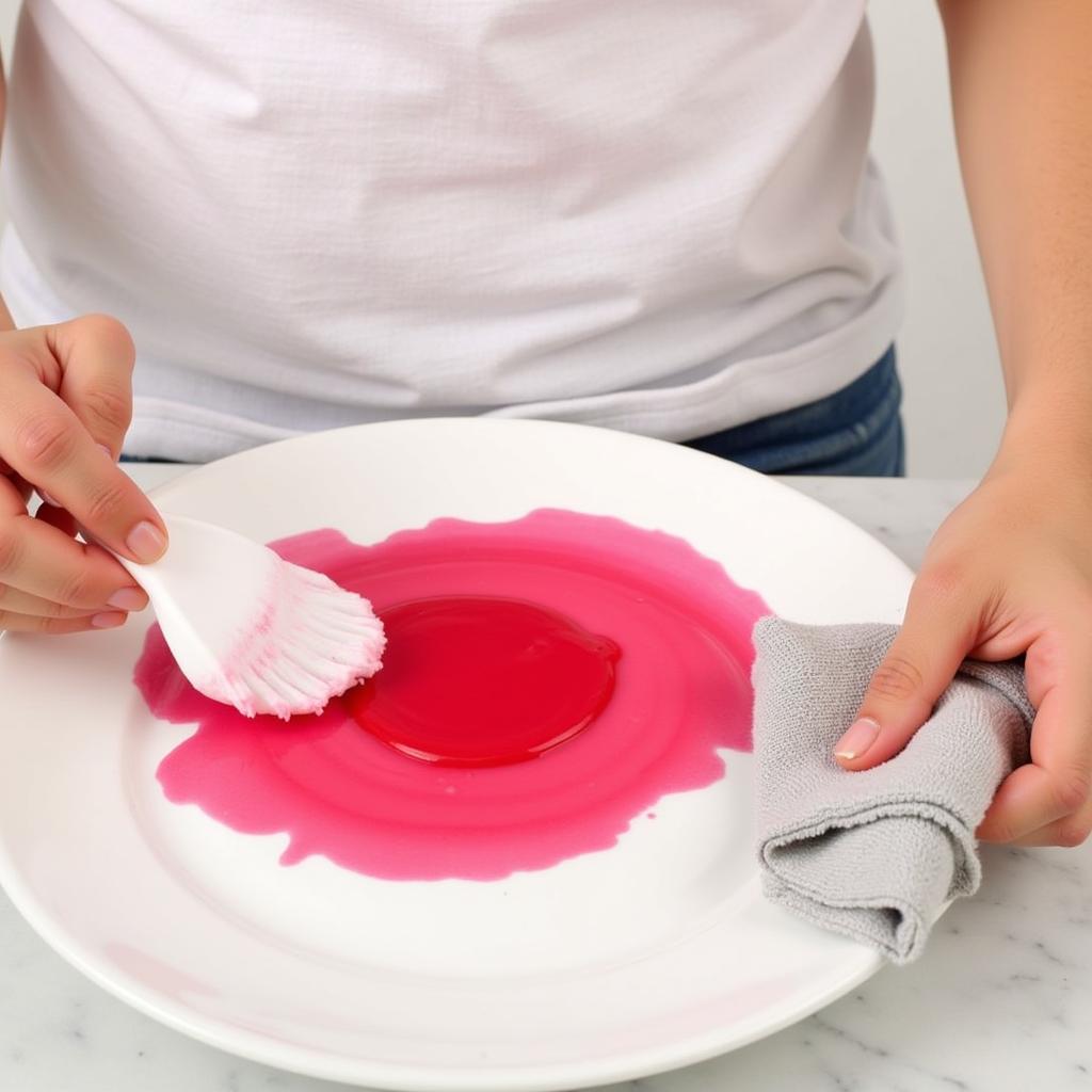 Removing a red food dye stain using baking soda paste and a cloth.