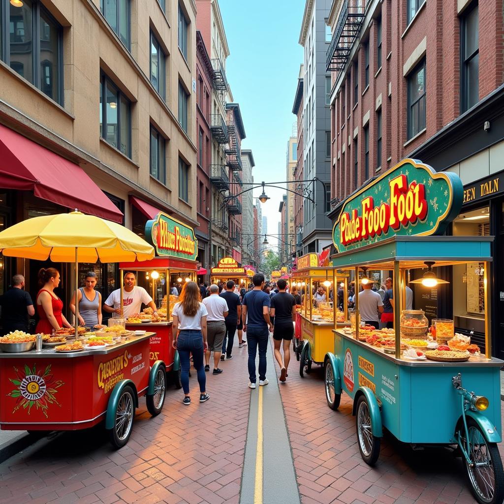 Busy city street with various food carts serving customers.