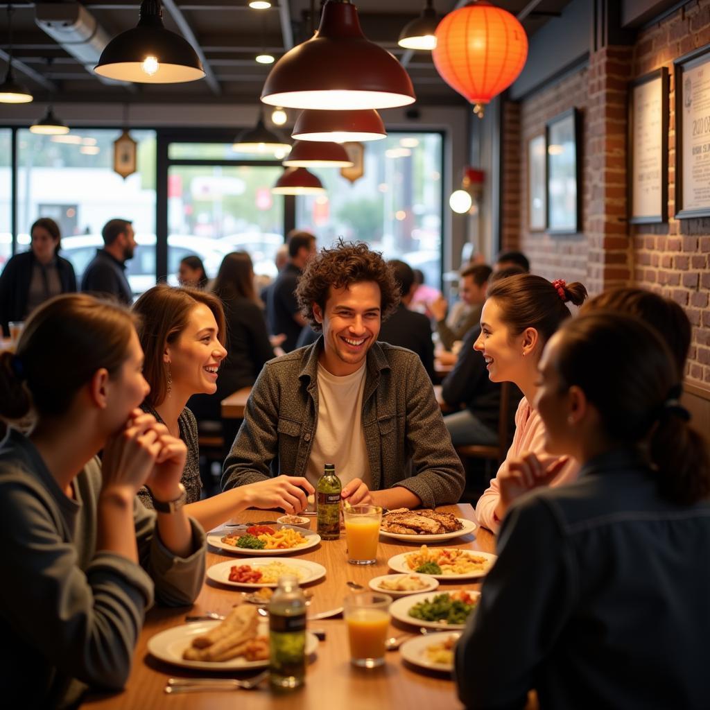 People socializing and enjoying themselves inside a bustling restaurant