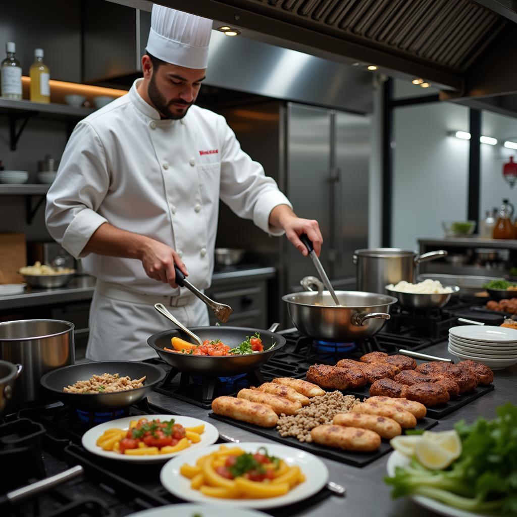 Stainless steel kitchen equipment in a restaurant kitchen