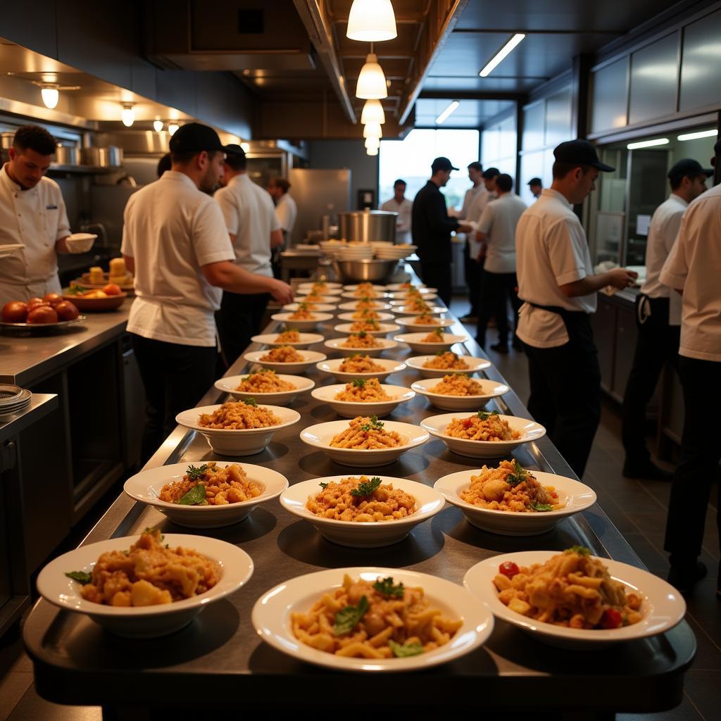 Busy restaurant kitchen using a heated shelf food warmer