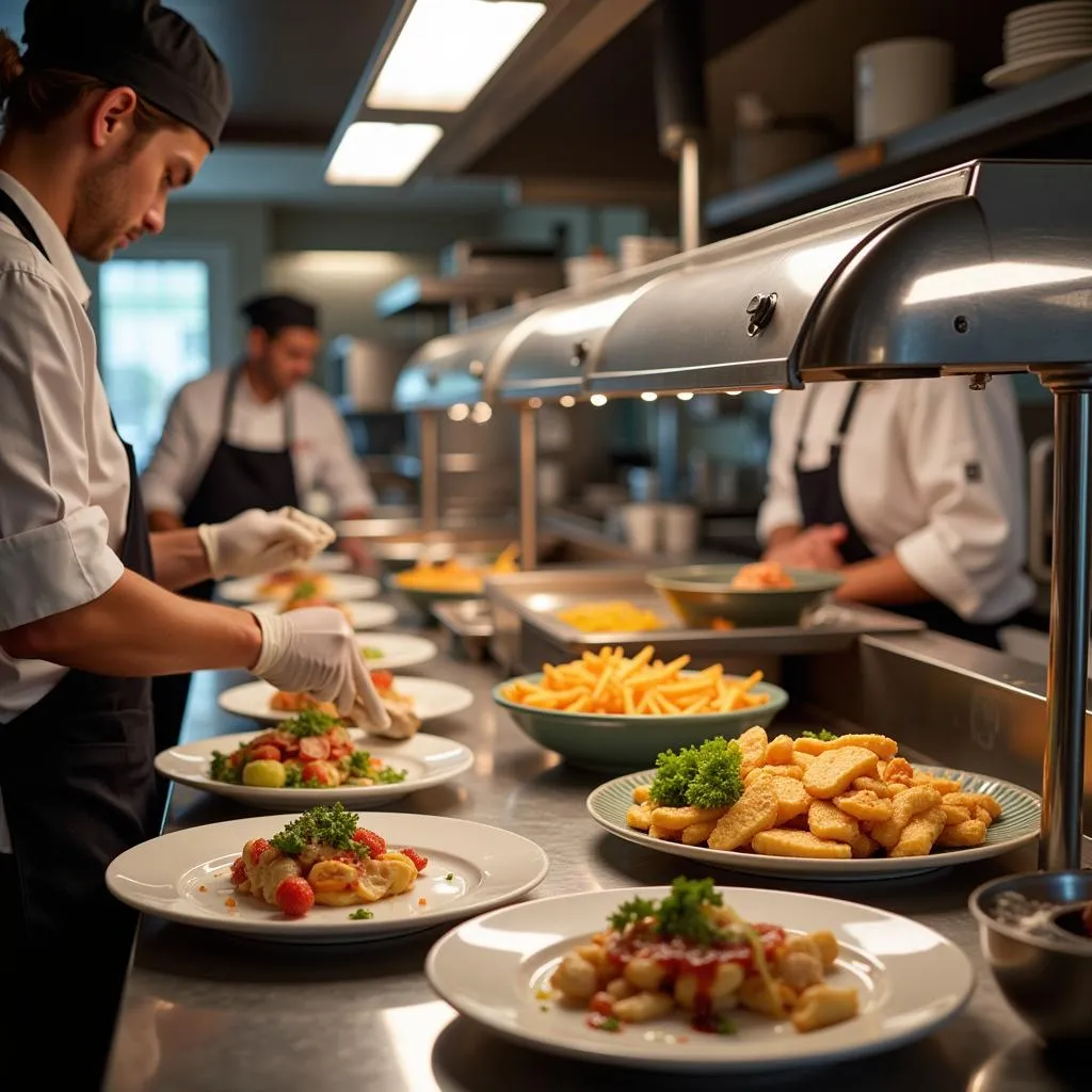 A busy restaurant kitchen using a food warmer