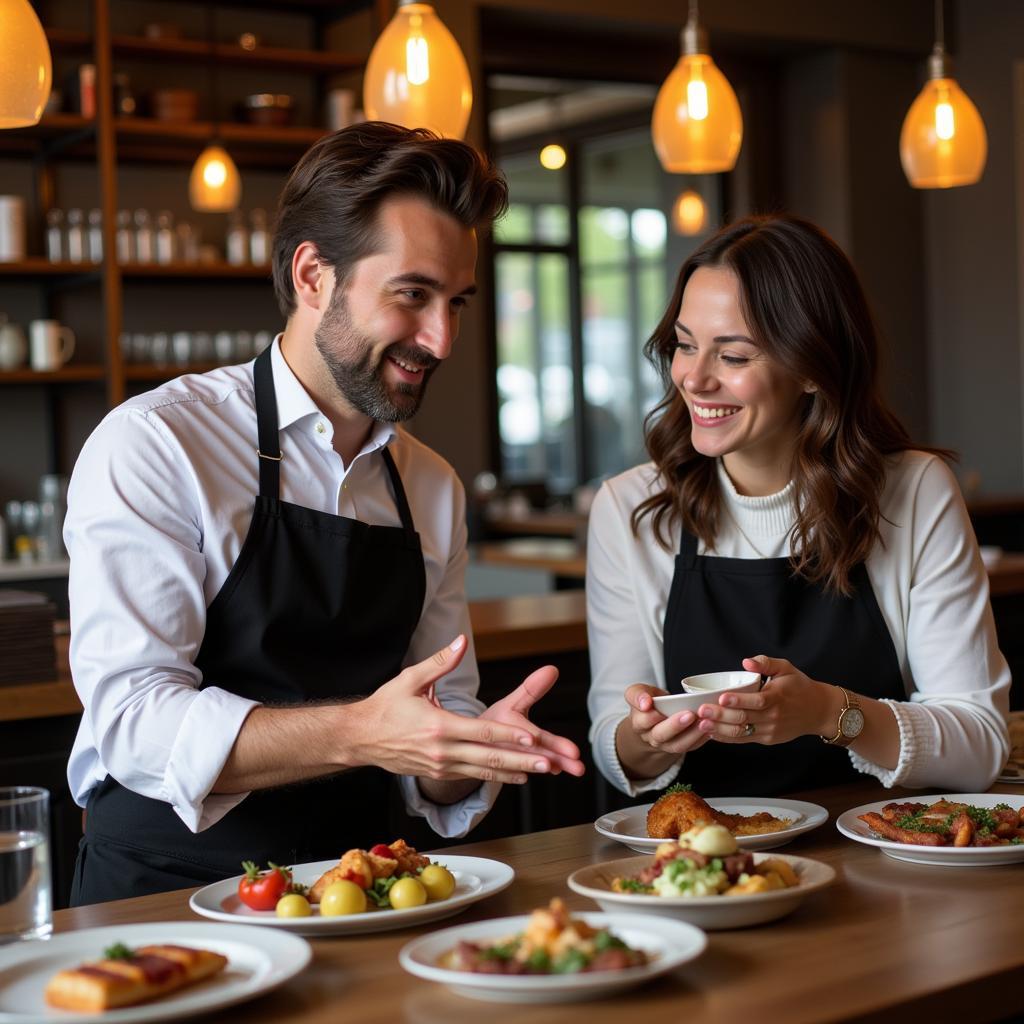 Restaurant Owner Discussing Menu with Food Blogger