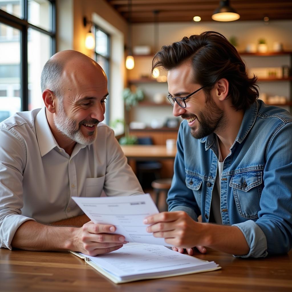 Restaurant owner and distributor representative discussing order details