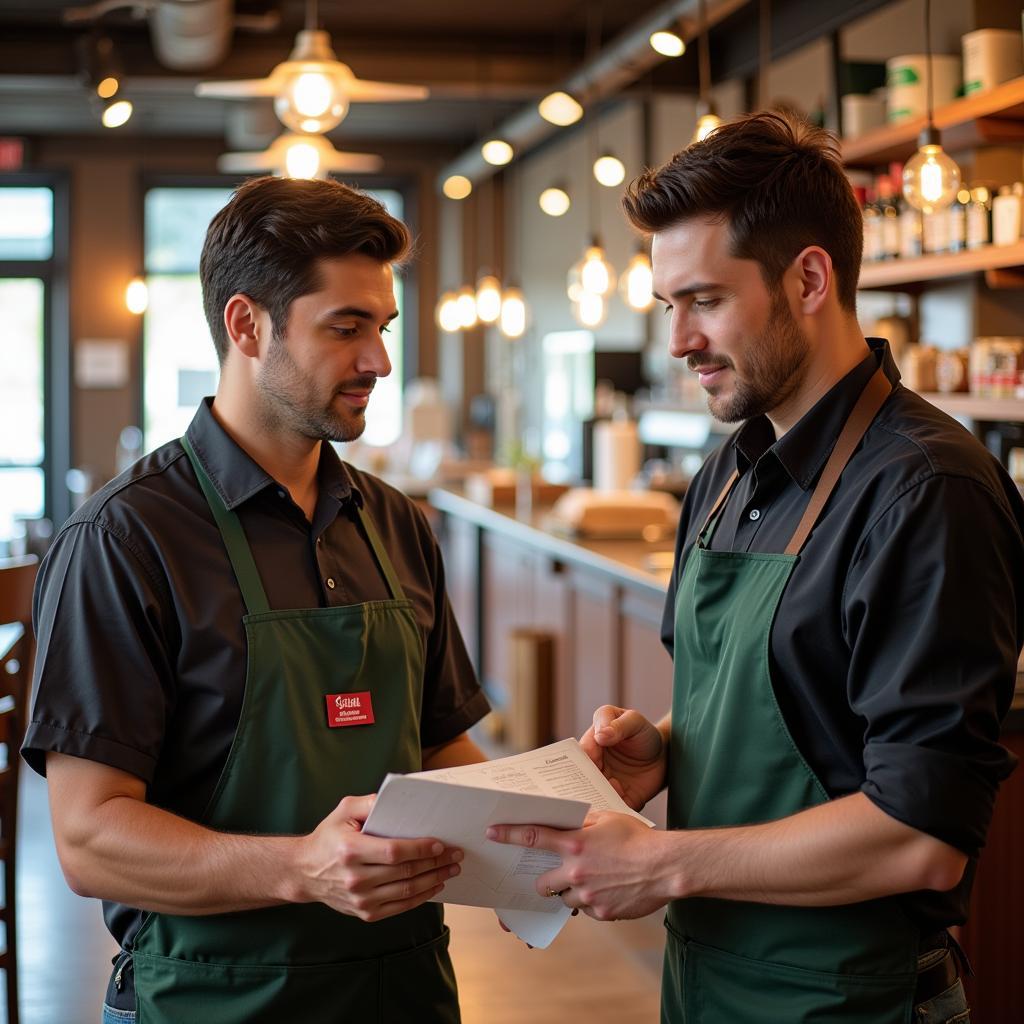  A restaurant owner in San Jose discusses an order with a food distributor representative, reviewing product lists and delivery schedules