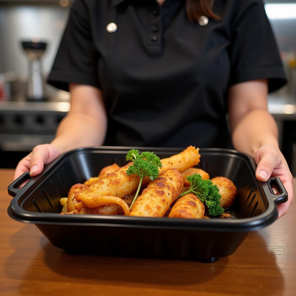 Restaurant Worker Packing Food in a Black Take Out Container