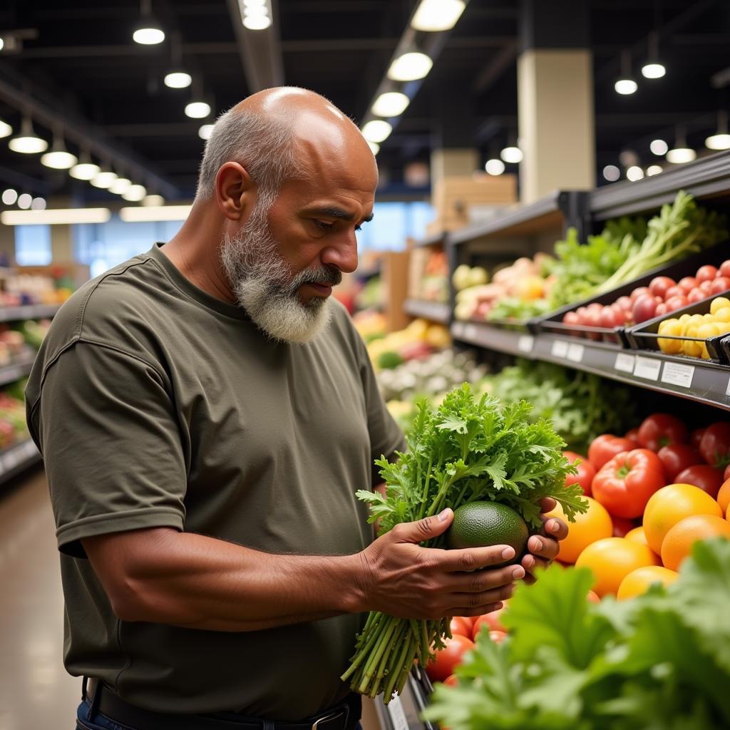 Retired boxer selecting fresh produce at the grocery store